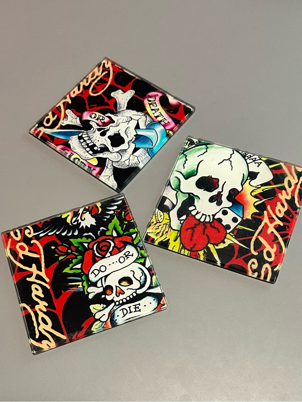 Ed Hardy Table Top Glass Coasters with Signature Design Set of 3